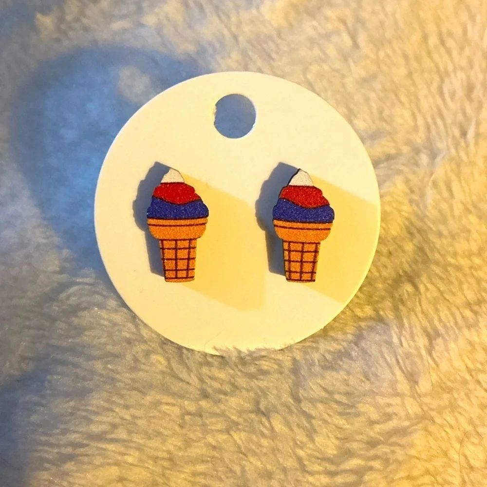 New Americana Ice Cream Cone Earrings, Pierced, Wooden, Red, White, Blue,Patriot